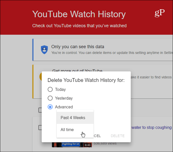 Ștergeți istoricul YouTube Watch