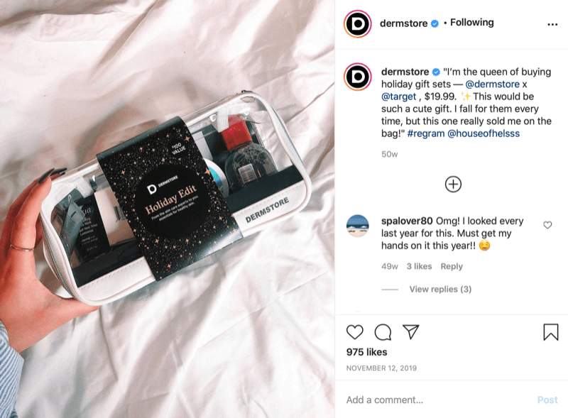 exemplu de cadou sezonier @dermstore găsit și distribuit prin intermediul postării instagram, menționând prețul de vânzare și etichetând @target unde are loc vânzarea