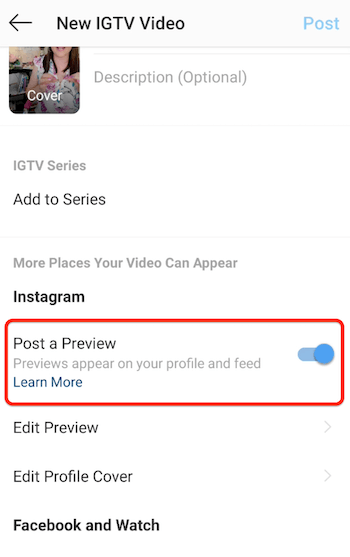 Instagram igtv noi opțiuni de meniu video cu opțiunea de postare previzualizare activată