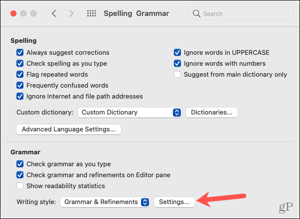 Opțiuni Mac Word, Setări gramaticale