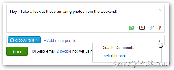 google + meniul de opțiuni deschise