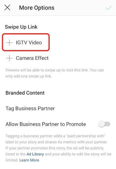 opțiunile din meniul instagram pentru a adăuga un link glisat în sus cu opțiunea video IGTV evidențiată