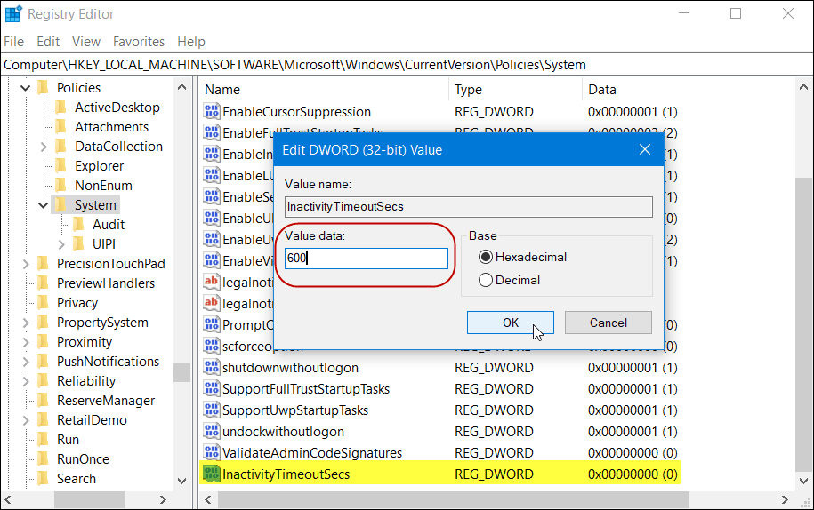 InactivityTimeoutSecs Versiunea Windows 10 a Registrului Windows 10