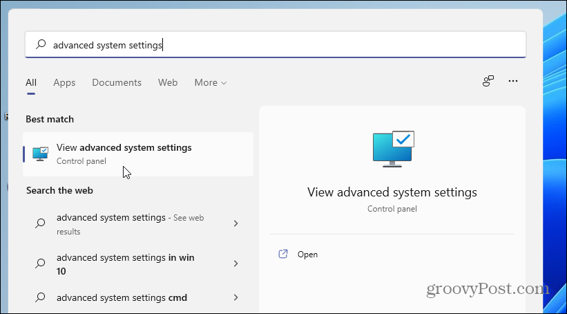 setări avansate de sistem Windows 11