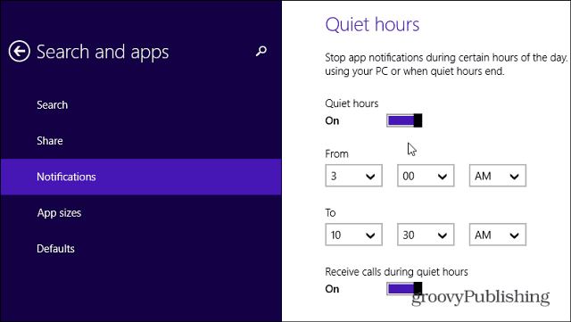 Ore liniștite în Windows 8.1 Vă permite să dezactivați notificările pentru aplicații