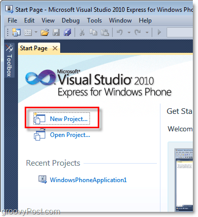 deschide un nou proiect de Windows 7 studio de studio vizual