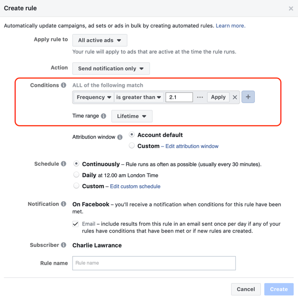 Utilizați reguli automatizate Facebook, notificări atunci când frecvența anunțurilor peste 2.1, pasul 2, setările condițiilor