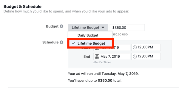 Sfaturi pentru reducerea costurilor publicitare Facebook, opțiune pentru setarea bugetului campaniei la bugetul pe viață