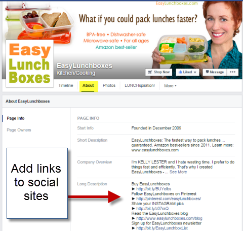 link-uri sociale în secțiunea despre pagina de Facebook cutii de prânz ușor