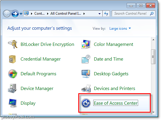 Accesați Centrul de Accesibilitate prin panoul de control al Windows 7