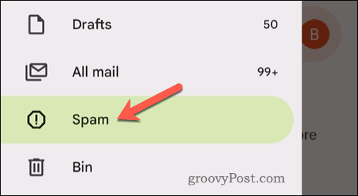 Deschideți dosarul de spam Gmail în aplicația mobilă