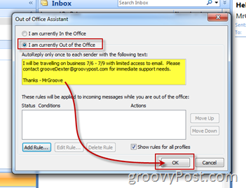 Activați Activați Microsoft Outlook în afara biroului Răspuns automat la Asistent