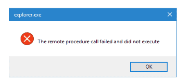 Un exemplu de eroare Remote Procedure Call Failed în timpul lansării File Explorer.