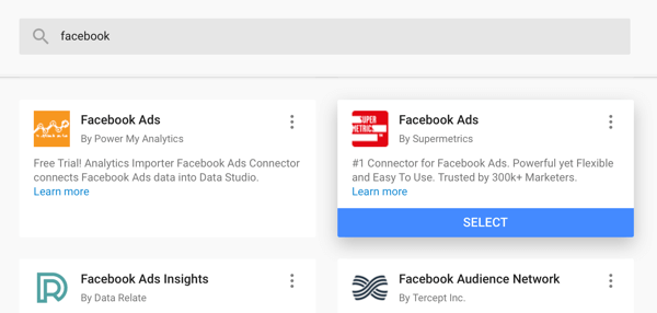 Utilizați Google Data Studio pentru a analiza anunțurile dvs. Facebook, pasul 4, opțiunea de a utiliza conectorul Facebook Ads de la Supermetrics ca sursă de date