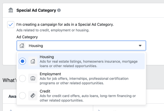 Opțiuni Facebook Categorie de anunțuri speciale din meniul derulant Categorie de anunțuri