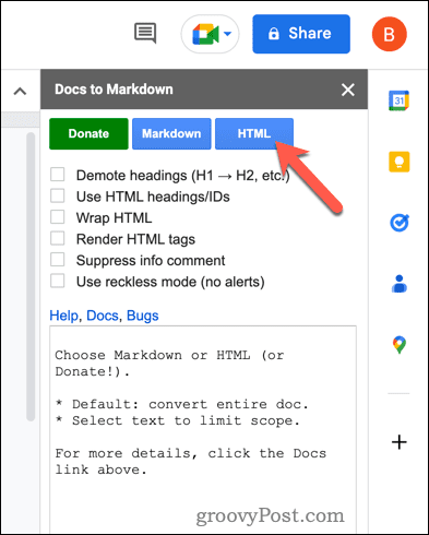 Convertiți în HTML folosind Docs în Markdown în Google Docs
