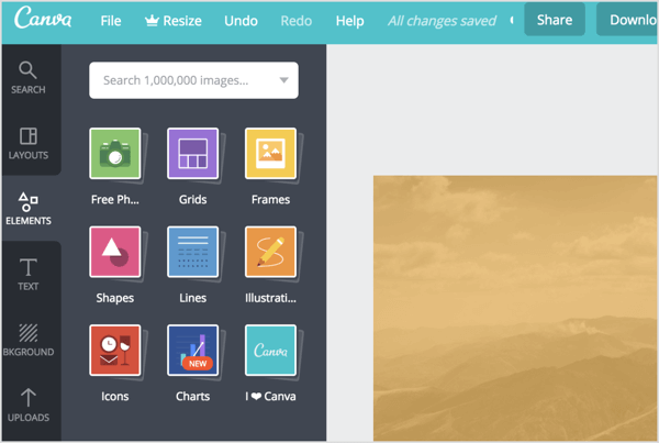 Faceți clic pe fila Elemente din Canva pentru a vedea o listă cu diferite elemente de design din care să alegeți.
