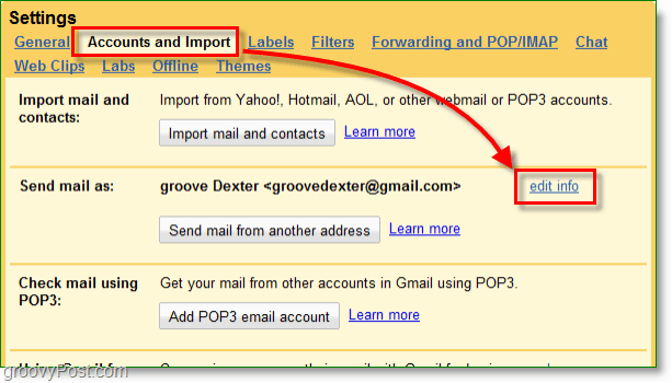 faceți clic pe conturile de poștă Google și pe butonul de import, apoi modificați informațiile