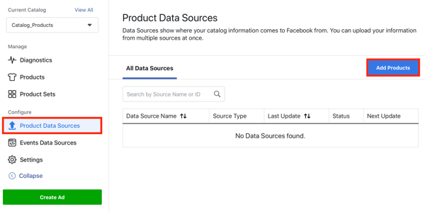 Utilizați Instrumentul de configurare a evenimentelor Facebook, pasul 22, opțiunea de meniu pentru a adăuga produse prin fila surse de date despre produs în Facebook