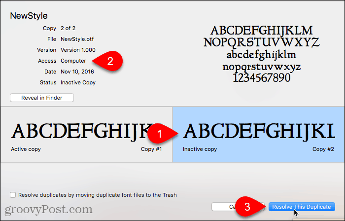 Faceți clic pe Rezolvați acest duplicat în fonturi