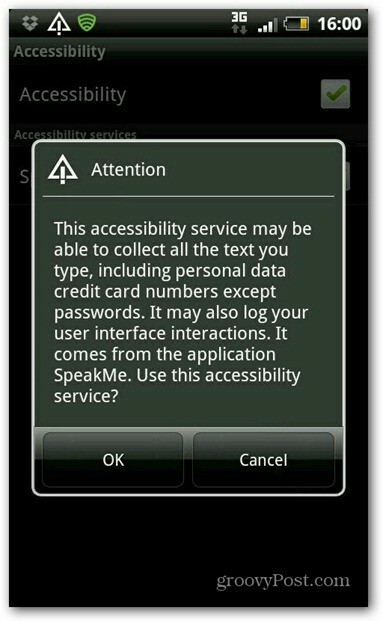 Activarea accesibilității SpeakMe pentru Android