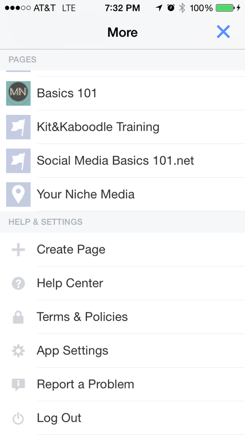 meniul de gestionare a aplicațiilor pagini facebook