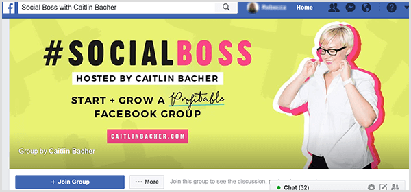 Fotografia de copertă a grupului Facebook pentru Social Boss găzduită de Caitlin Bacher are un fundal galben, accente roz pe text și o fotografie cu Caitlin care își ridică gulerul cămășii.