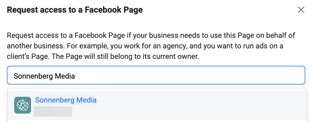 imaginea Solicitați acces la ecranul unei pagini Facebook în Meta Business Manager