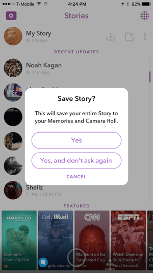 Atingeți Da pentru a salva povestea dvs. Snapchat.