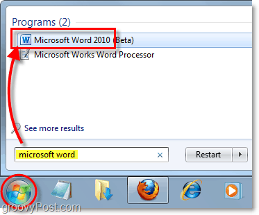 lansați cuvântul Microsoft 2010 în Windows 7