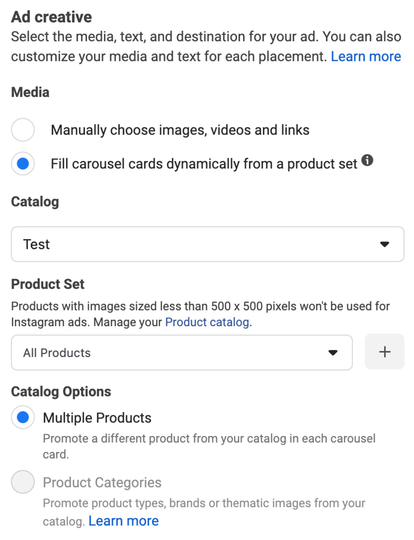 imagine cu opțiunea Umpleți dinamic cardurile carusel dintr-un set de produse selectată în timpul configurării reclamelor Facebook