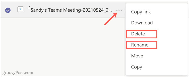 Redenumiți sau ștergeți o înregistrare în Microsoft Teams
