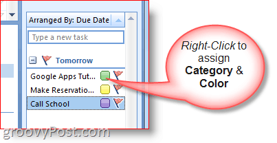 Bara de activități din Outlook 2007 - Faceți clic dreapta pe Sarcină pentru a selecta culorile și categoria
