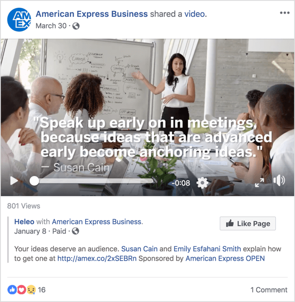 Acest anunț pe Facebook pentru American Express Business îl prezintă pe Susan Cain, un cunoscut expert în leadership și management, care a obținut faima printr-un recent TED Talk.