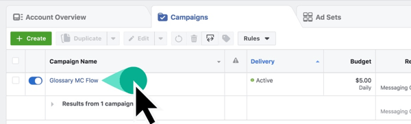Găsiți numele campaniei în Facebook Ads Manager.
