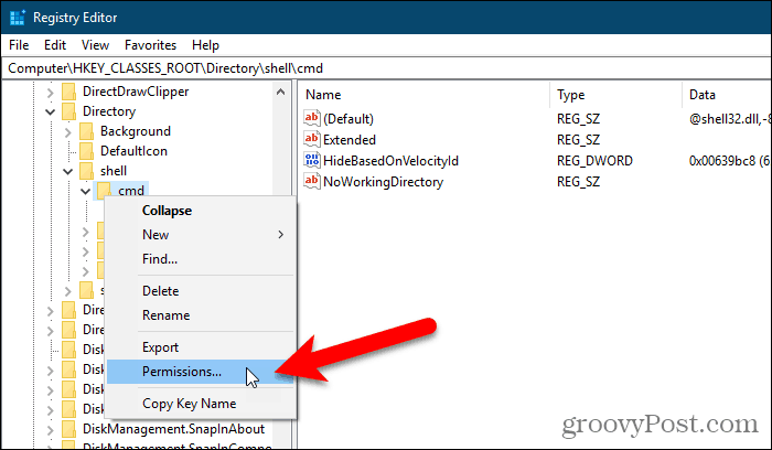 Selectați Permisiunile pentru o cheie din Editorul de registru Windows