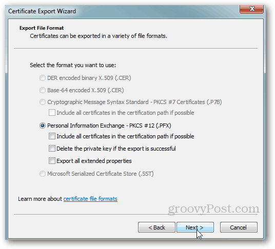 Exportare certificat Windows - Acceptați implicit