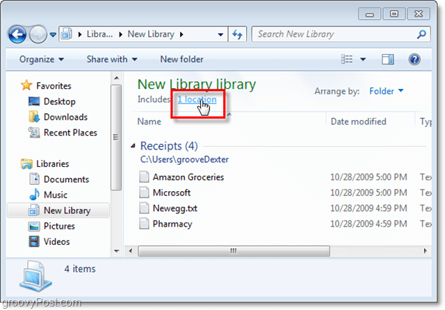 apăsați legătura locație pentru a seta adăugarea de noi locații la o bibliotecă Windows