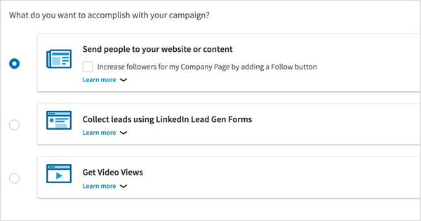 Alegeți obiectivul campaniei pentru campania dvs. de anunțuri video LinkedIn.
