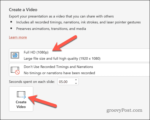Export PowerPoint ca opțiuni video
