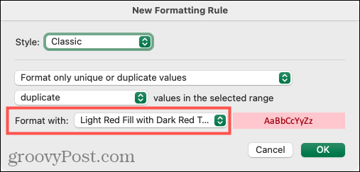 Selectați Formatare pentru duplicate în Excel pe Mac