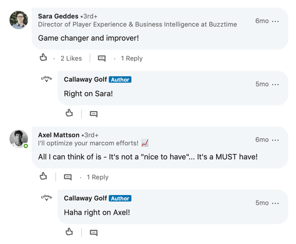 Comentariile membrilor LinkedIn pentru postarea Callaway Golf