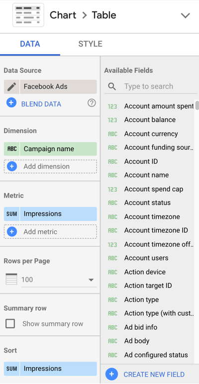Utilizați Google Data Studio pentru a analiza anunțurile dvs. Facebook, pasul 10, setările meniului pentru a vă personaliza datele grafice