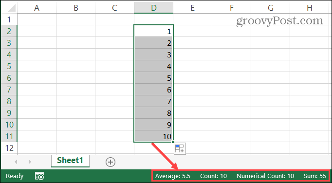 Bara de stare Excel pentru celulele selectate