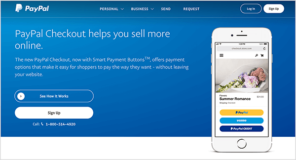 Aceasta este o captură de ecran a paginii web a serviciului PayPal Checkout. Are un fundal albastru și un text alb. Un titlu spune „PayPal Checkout vă ajută să vindeți mai mult online”. Două butoane apar sub titlu: unul albastru cu eticheta See How It Funcționează și una albă etichetată Înscrie-te. În dreapta este o imagine a unui smartphone cu funcția PayPal Checkout pe un telefon mobil site-ul web.