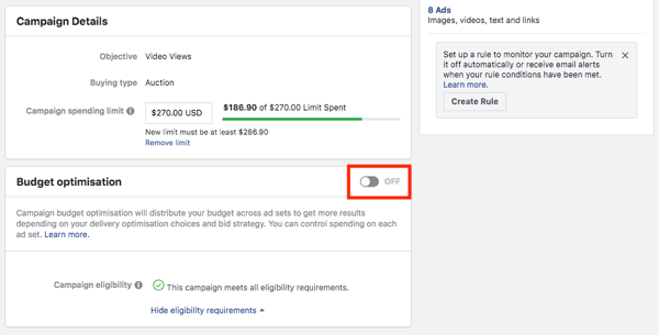 Opțiunea de optimizare a bugetului campaniei Facebook.