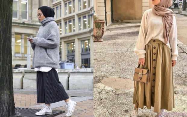 Combinații de pulover cu fustă hijab instagram