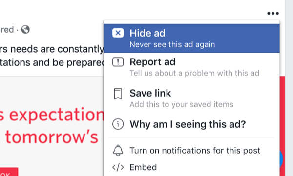 opțiuni pentru ascunderea anunțurilor Facebook în feed