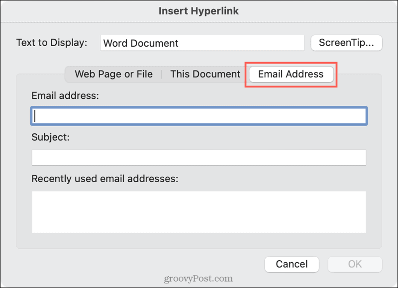 Link către un e-mail în Word pe Mac