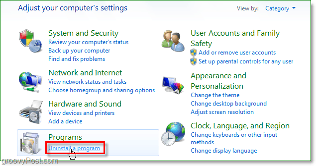 faceți clic pe dezinstalați un program pentru a continua să eliminați, adică din Windows 7